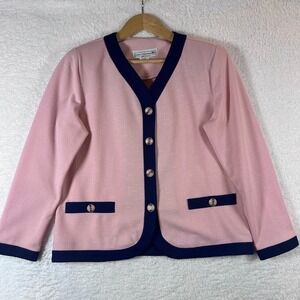 Vintage Pink Navy Trim Knit Blazer Petite 12 Gold Button Preppy Jacket USA